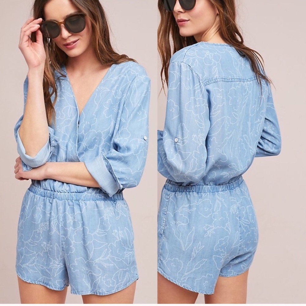 Anthropologie Cloth & Stone Chambray Floral Romper